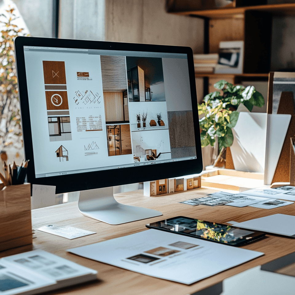 Postazione creativa con progetti grafici e branding immobiliare di Gabetti Home Value Revolution.