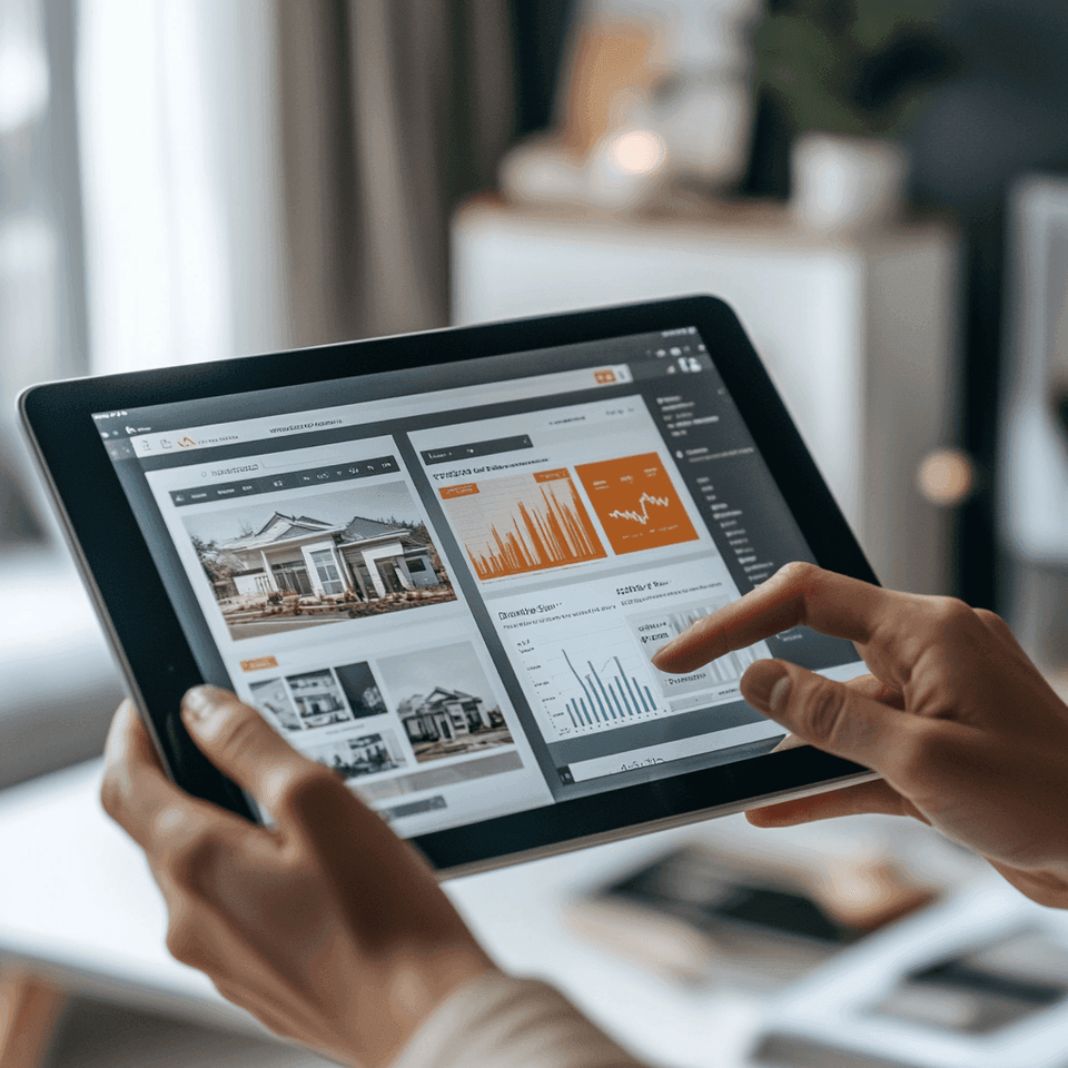 Tablet con dashboard di marketing digitale e progetti immobiliari – strategia digital di Gabetti Home Value.